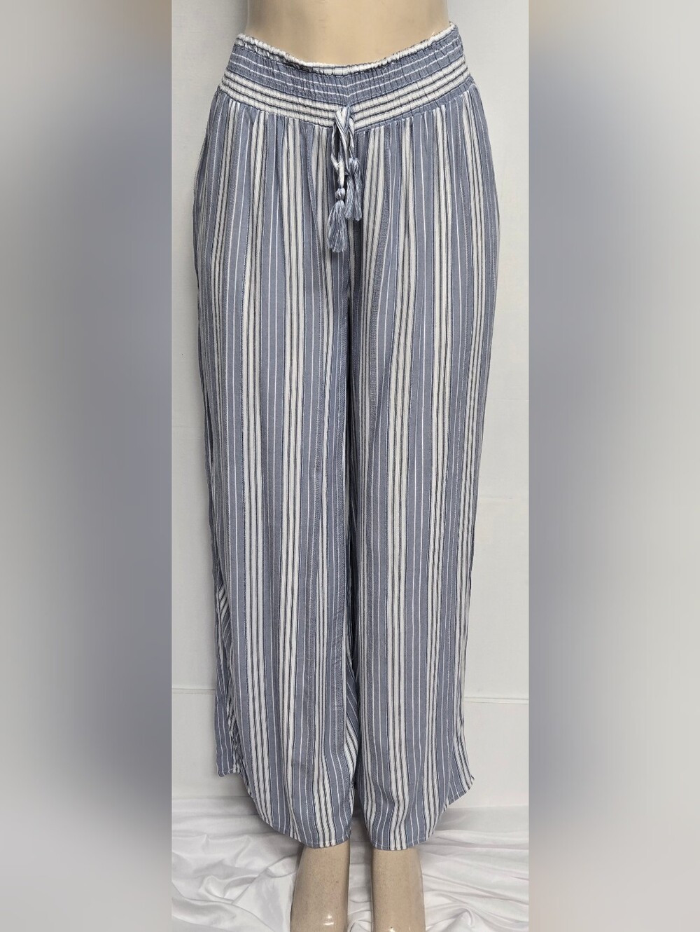 Salty Lemon M Nautical Striped Pants Wide Leg Rayon Blue White Elastic Waist